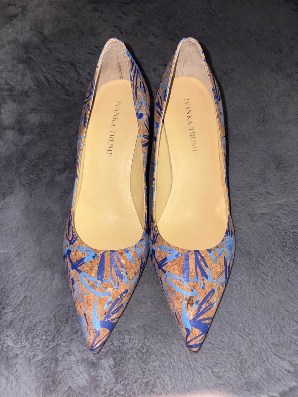 Ivanka Trump Tan Cork Pointed-Toe Pumps with Blue Leaf Print